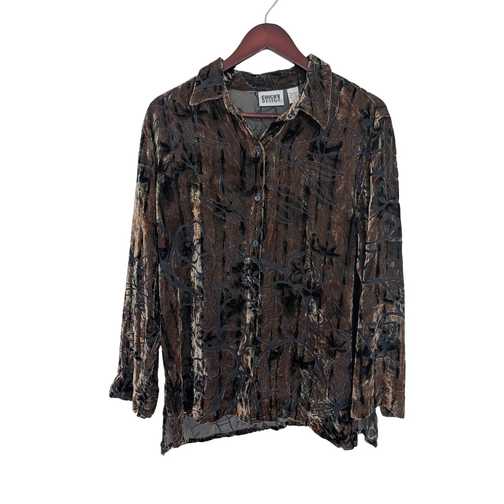 VTG Chicos Burnout Velvet Floral Top Silk Blend Boho Whimsigoth Brown Y2K 2/L